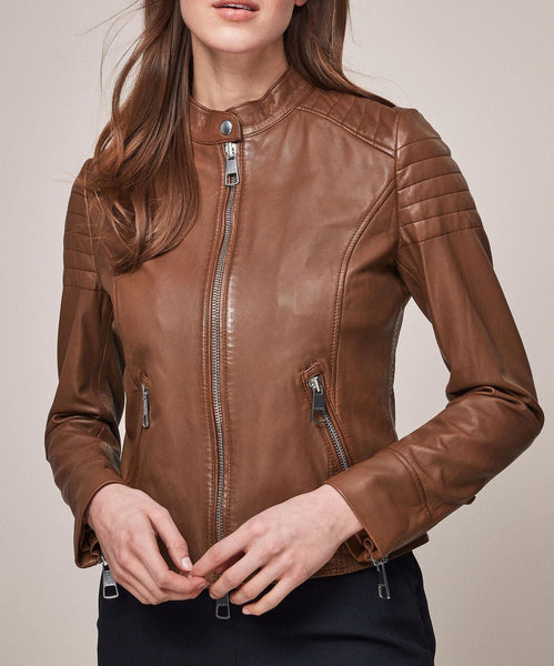 Women's Hugo Cross Roads Stylish Brown Quilt Shoulder Moto Real Leather Jacket