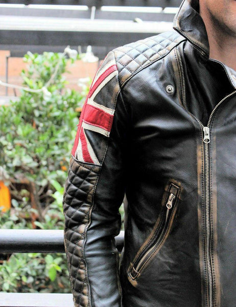 Men's Biker Vintage Quilted Distressed Brown Racer UK Flag Union Jack Leather Jacket