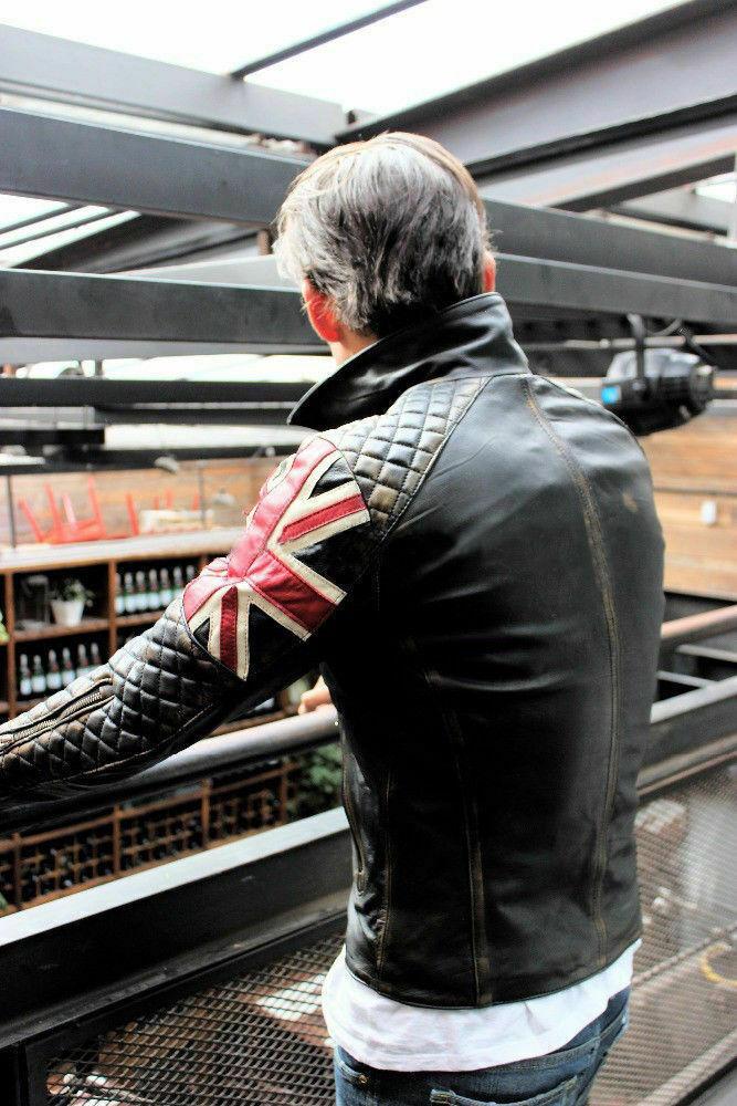Men's Biker Vintage Quilted Distressed Brown Racer UK Flag Union Jack Leather Jacket