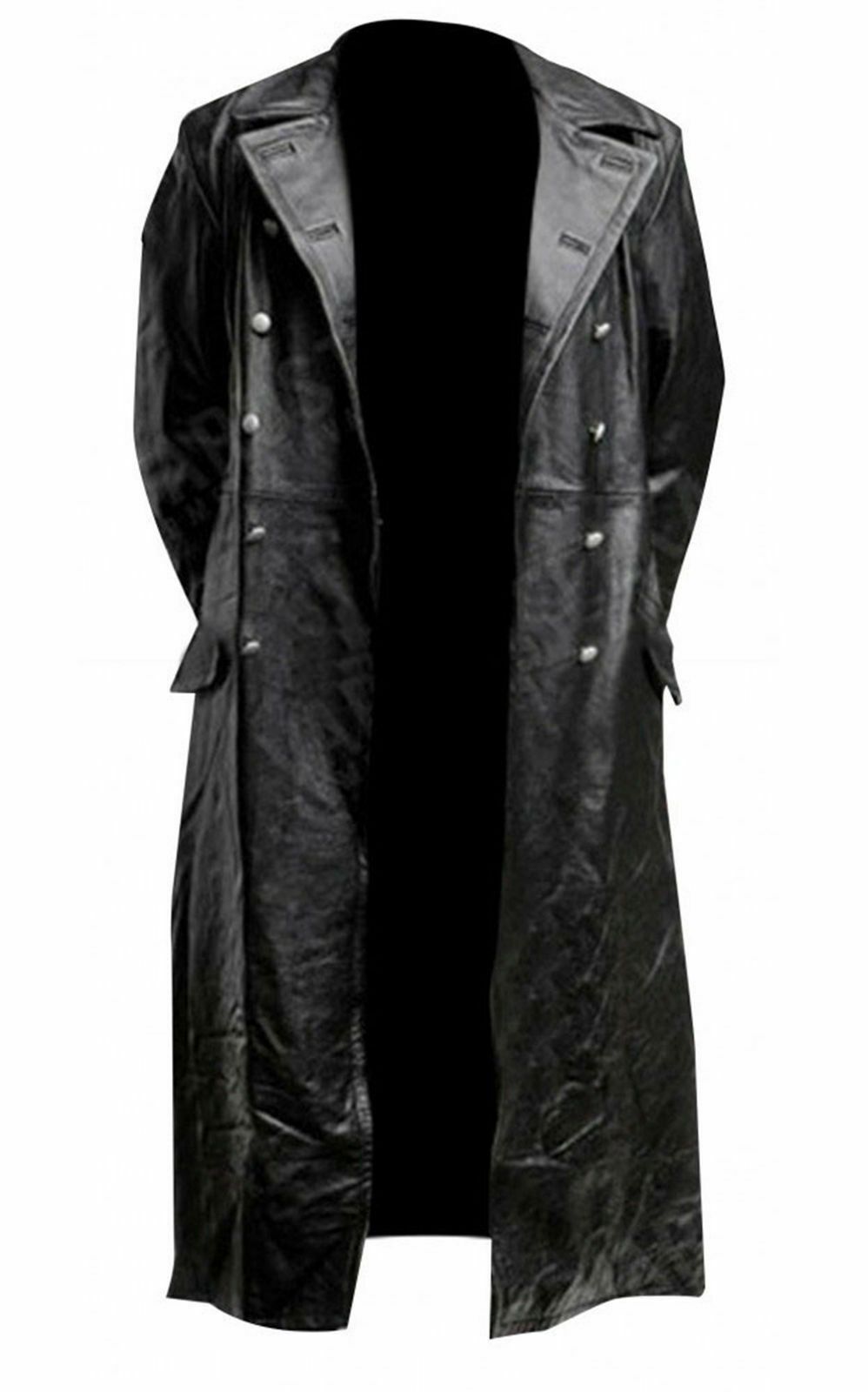 MEN'S CLASSIC OFFICER MILITARY BLACK FAUX/SYNTHETIC LEATHER LONG GERMAN TRENCH COAT