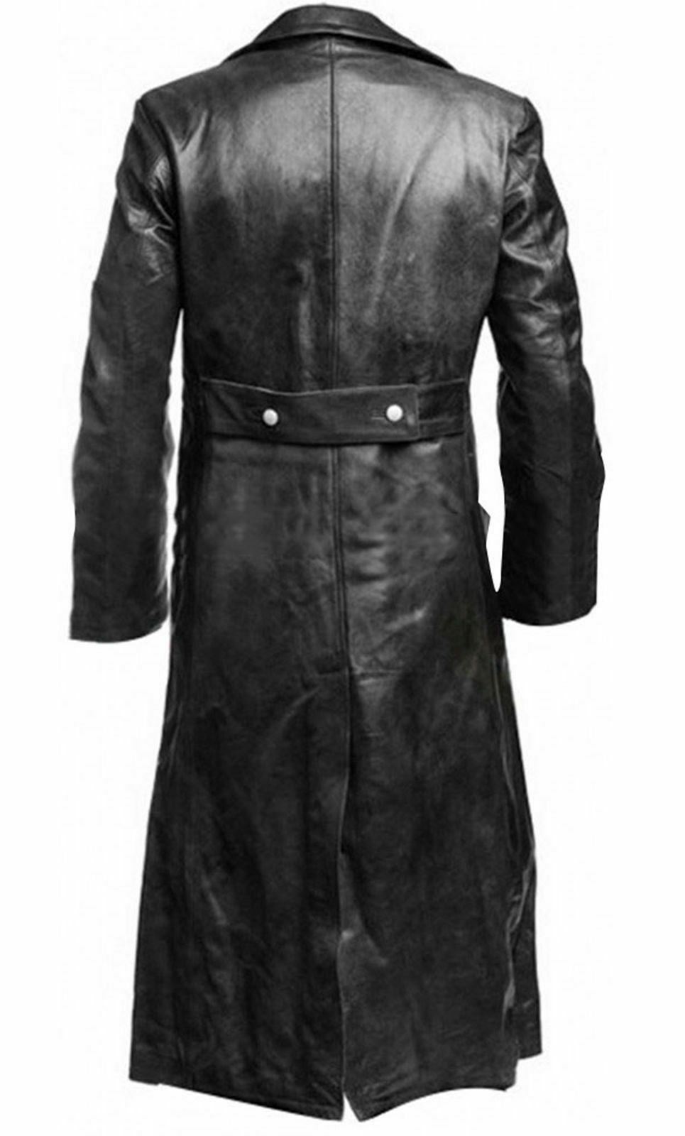 MEN'S CLASSIC OFFICER MILITARY BLACK FAUX/SYNTHETIC LEATHER LONG GERMAN TRENCH COAT