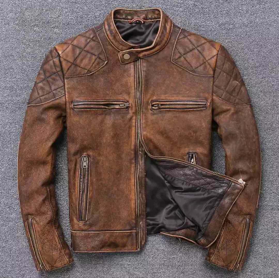 New Mens Vintage Biker Style Motorcycle Cafe Racer Distressed Leather Jacket