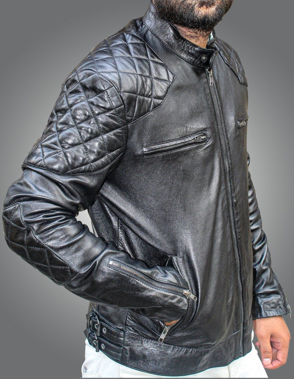 New Men's British Conventional Black Cafe Racer Leather Jacket