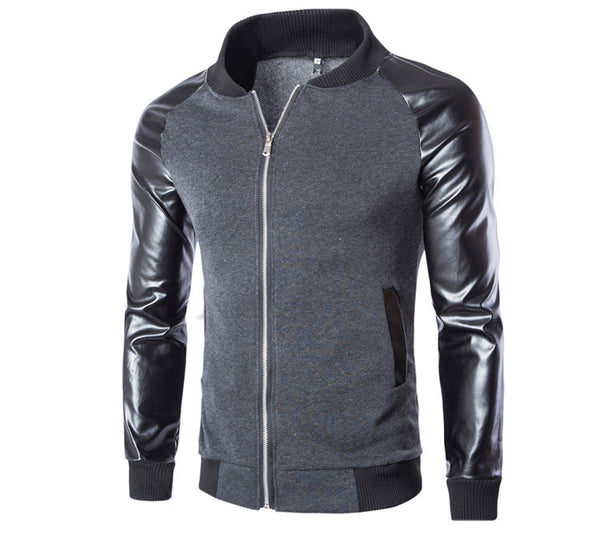 Winter Spring Casual Stand Collar Men's jacket  Spell leather metal zipper design  High Quality Men Jacket Coat