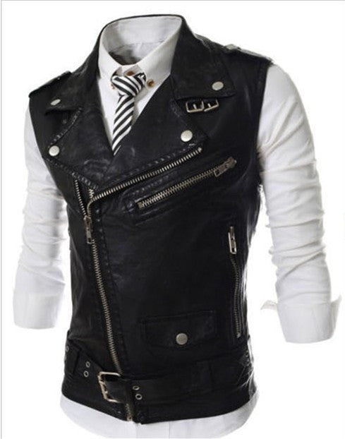 Men's Fashion Leather Vest Jackets Man Sleeveless Motorcycle Tank Tops Spring Autumn zipper decoration Outerwear Coats