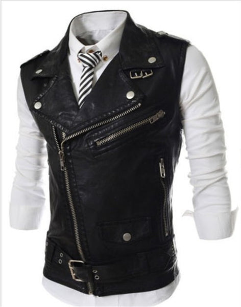 New Men's Fashion Leather Vest Jackets Man Sleeveless Motorcycle Tank Tops Spring Autumn zipper decoration Outerwear Coats