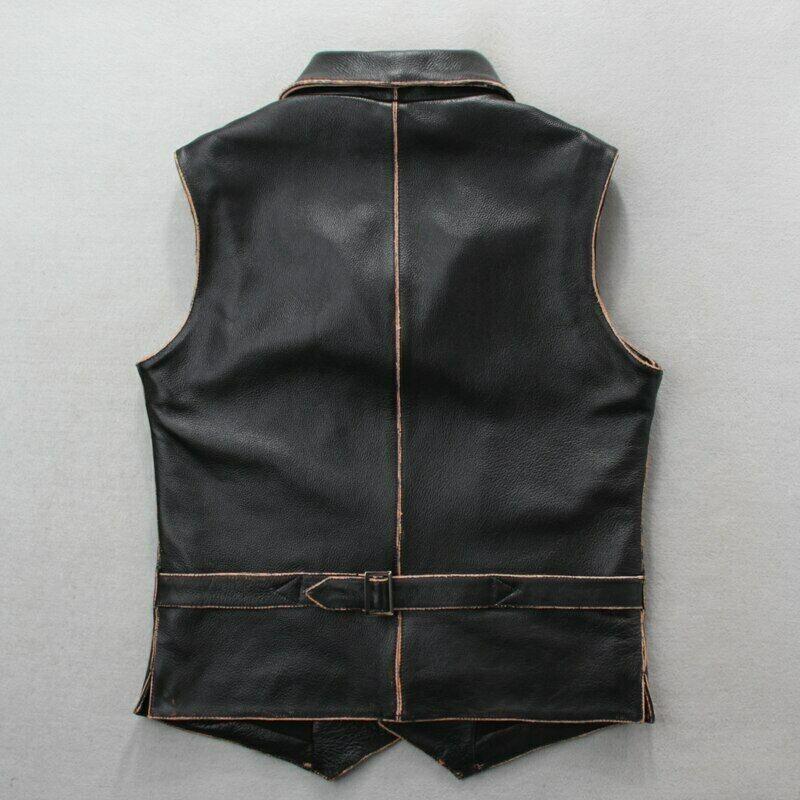 New Mens Real Leather motorcycle Vest Black Distress Leather Biker Vest