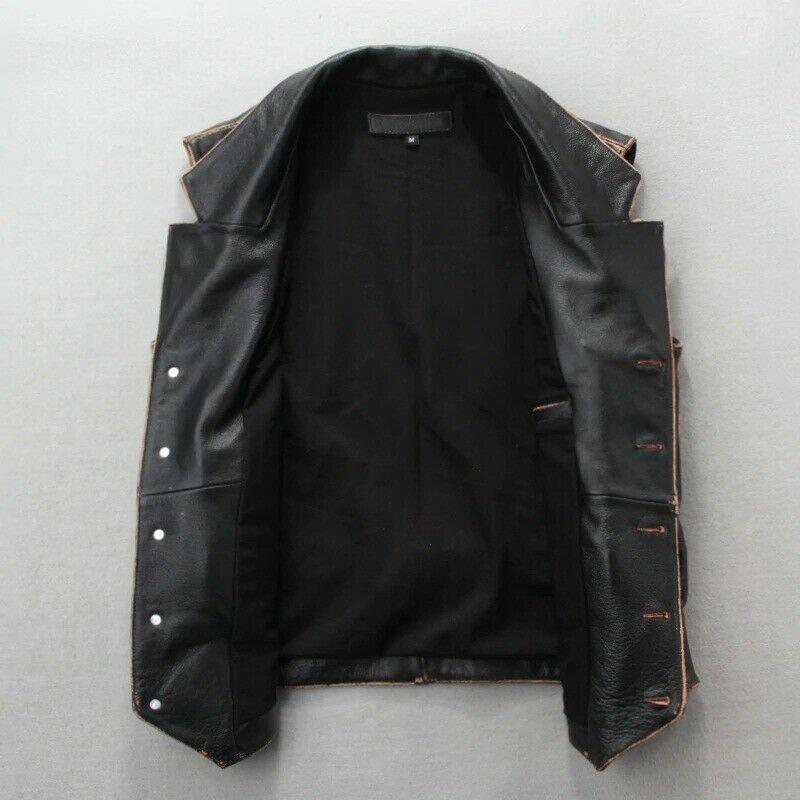 New Mens Real Leather motorcycle Vest Black Distress Leather Biker Vest